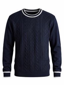 Manfinity CityGents Men's Fashion Versatile Navy Colorblock Long Sleeve Cable Knit Sweater Office Vacation Autumn Casual 90s - Navy Blue - View 2