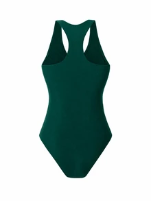 SHEIN Swim Springbreak 纯色拉链 V 领时尚女士连体泳衣，节日波西米亚风 - 墨綠色 - 查看 7