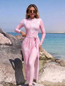Swim Mulvari Ladies' Two Pieces Elegant Long-Sleeved Cardigan Swimsuit. - Multicolor - View 3