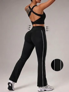 StreetHx Women's Minimalist Casual Black & White Tummy Control Slimming Long Pants For Indoor/Outdoor Sports, Spring/Summer - Black - View 3