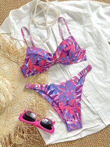 SHEIN Swim Women's Floral Print Swimwear Set, For Vacation And Beach For Summer - Multicolor - View 3