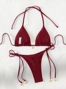 Swim Basics 2023新款女士纯色挂脖系带性感比基尼泳装套装，包括系带比基尼套装、三角比基尼套装、纯色比基尼套装、度假比基尼套装和保守比基尼套装。 - 酒紅色 - 查看 5