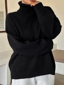 Dazy Plus Solid Color Casual Versatile Loose High Neck Autumn/Winter Long Sleeve Pullover Sweater - Black - View 3
