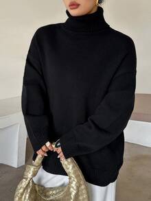 Dazy Plus Solid Color Casual Versatile Loose High Neck Autumn/Winter Long Sleeve Pullover Sweater - Black - View 8