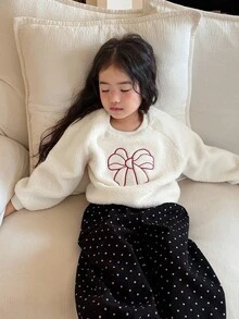 DAZY Infant Girl Round Neck Bow Long Sleeve Sweatshirt - White - View 6
