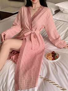 DAZY Summer & Autumn Loose Lace Patchwork Plaid Long Women's Nightgown - Pink - View 3