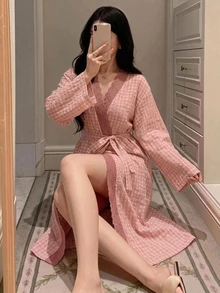DAZY Summer & Autumn Loose Lace Patchwork Plaid Long Women's Nightgown - Pink - View 5