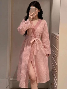 DAZY Summer & Autumn Loose Lace Patchwork Plaid Long Women's Nightgown - Pink - View 1