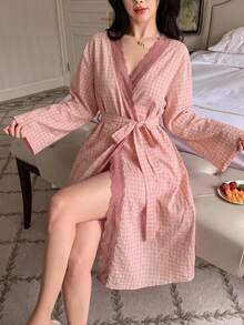 DAZY Summer & Autumn Loose Lace Patchwork Plaid Long Women's Nightgown - Pink - View 4