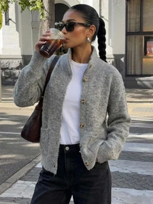Livesso Women's Winter Grey Round Neck Button Cable Knit Long Sleeve Slim Fit Ribbed Cardigan - Grey - View 1