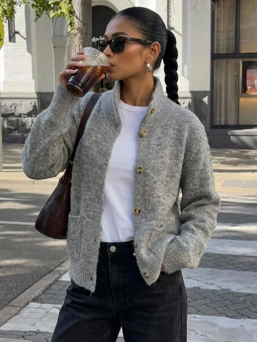 Livesso Women's Winter Grey Round Neck Button Cable Knit Long Sleeve Slim Fit Ribbed Cardigan - Grey - View 1