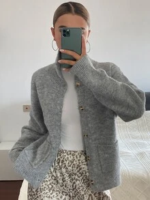 Livesso Women's Winter Grey Round Neck Button Cable Knit Long Sleeve Slim Fit Ribbed Cardigan - Grey - View 3