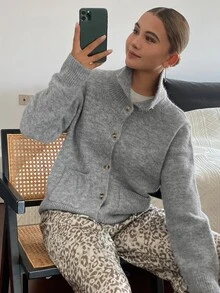 Livesso Women's Winter Grey Round Neck Button Cable Knit Long Sleeve Slim Fit Ribbed Cardigan - Grey - View 5