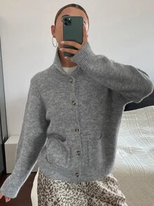 Livesso Women's Winter Grey Round Neck Button Cable Knit Long Sleeve Slim Fit Ribbed Cardigan - Grey - View 7