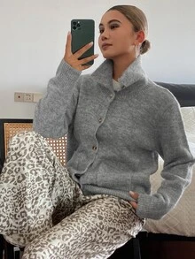 Livesso Women's Winter Grey Round Neck Button Cable Knit Long Sleeve Slim Fit Ribbed Cardigan - Grey - View 6