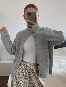 Livesso Women's Winter Grey Round Neck Button Cable Knit Long Sleeve Slim Fit Ribbed Cardigan - Grey - View 4