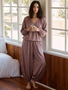 DAZY Women's Solid Color V-Neck Raglan Long Sleeve Top And Pants Pajama Set - Light Bean Paste - View 4