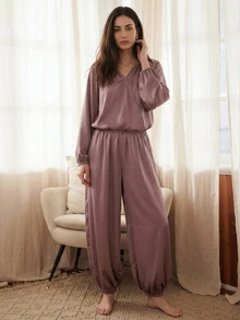 DAZY Women's Solid Color V-Neck Raglan Long Sleeve Top And Pants Pajama Set - Light Bean Paste - View 7