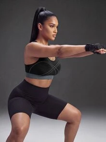 Powerista Women's Plus Size SummerSpring Dark Purple Neck Seamless Sports Bra Gym Running Fitness Workout Going Out Gym High-Support Tropical - Black - View 4