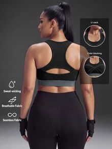 Powerista Women's Plus Size SummerSpring Dark Purple Neck Seamless Sports Bra Gym Running Fitness Workout Going Out Gym High-Support Tropical - Black - View 2
