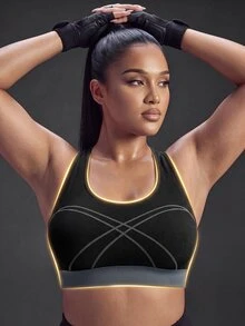 Powerista Women's Plus Size SummerSpring Dark Purple Neck Seamless Sports Bra Gym Running Fitness Workout Going Out Gym High-Support Tropical - Black - View 3