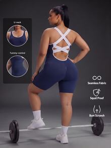Powerista Women's Plus Size Summer Seamless Sleeveless Ribbed Workout Jumpsuit Open Back Design In Navy Blue With Trim Perfect For Gym And Activewear Tropical - Navy Blue - View 9
