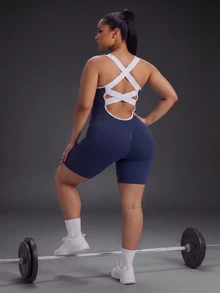 Powerista Women's Plus Size Summer Seamless Sleeveless Ribbed Workout Jumpsuit Open Back Design In Navy Blue With Trim Perfect For Gym And Activewear Tropical - Navy Blue - View 2