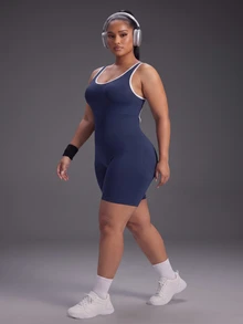 Powerista Women's Plus Size Summer Seamless Sleeveless Ribbed Workout Jumpsuit Open Back Design In Navy Blue With Trim Perfect For Gym And Activewear Tropical - Navy Blue - View 6