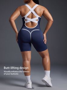 Powerista Women's Plus Size Summer Seamless Sleeveless Ribbed Workout Jumpsuit Open Back Design In Navy Blue With Trim Perfect For Gym And Activewear Tropical - Navy Blue - View 4