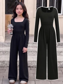 SHEIN Tween Girls Autumn/Winter Casual Street Fashion Cool Knit Pure Black Square Neck Waist Ruched Patchwork Loose Wide Leg Long Pants Jumpsuit, Suitable For Autumn/Winter Layering And Daily Wear - Black - View 3