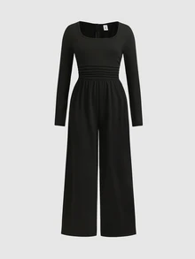 SHEIN Tween Girls Autumn/Winter Casual Street Fashion Cool Knit Pure Black Square Neck Waist Ruched Patchwork Loose Wide Leg Long Pants Jumpsuit, Suitable For Autumn/Winter Layering And Daily Wear - Black - View 4