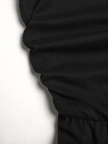 SHEIN Tween Girls Autumn/Winter Casual Street Fashion Cool Knit Pure Black Square Neck Waist Ruched Patchwork Loose Wide Leg Long Pants Jumpsuit, Suitable For Autumn/Winter Layering And Daily Wear - Black - View 7