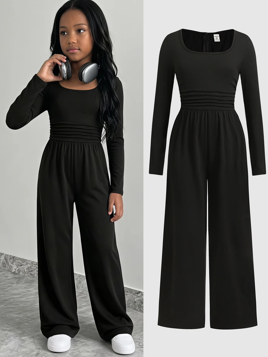 SHEIN Tween Girls Autumn/Winter Casual Street Fashion Cool Knit Pure Black Square Neck Waist Ruched Patchwork Loose Wide Leg Long Pants Jumpsuit, Suitable For Autumn/Winter Layering And Daily Wear - Black - View 1