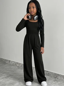 SHEIN Tween Girls Autumn/Winter Casual Street Fashion Cool Knit Pure Black Square Neck Waist Ruched Patchwork Loose Wide Leg Long Pants Jumpsuit, Suitable For Autumn/Winter Layering And Daily Wear - Black - View 5