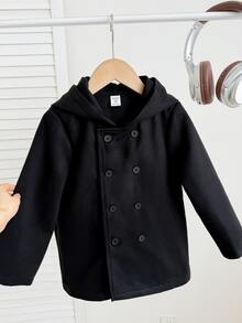 SHEIN 兒童小男孩寬鬆版型學院風連帽保暖內裡雙排扣羊毛外套，連帽衫，生日，開學第一天 - 黑色 - 查看 2
