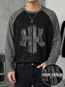 SHEIN 青少年男孩街頭風牛仔印花長袖T恤，適合秋冬返校季 - 彩色 - 查看 1