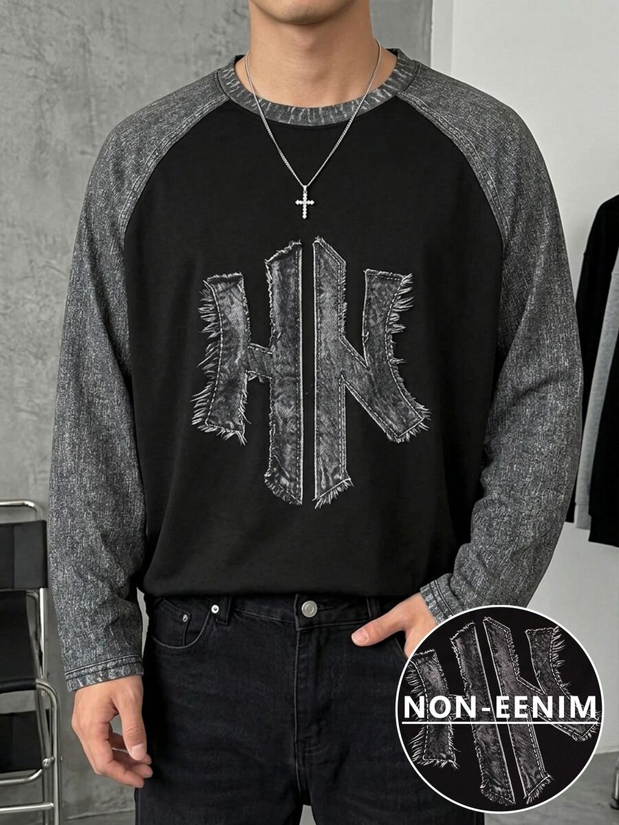SHEIN 青少年男孩街頭風牛仔印花長袖T恤,適合秋冬返校季 - 彩色 - 查看 1