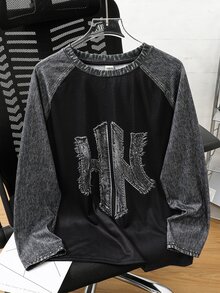SHEIN 青少年男孩街頭風牛仔印花長袖T恤，適合秋冬返校季 - 彩色 - 查看 2