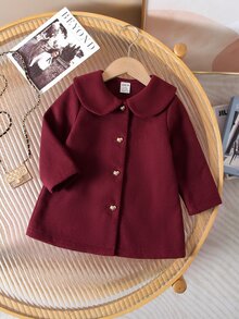 SHEIN Baby Girl Red Autumn/Winter Cute Versatile Peter Pan Collar Overcoat - Burgundy - View 9