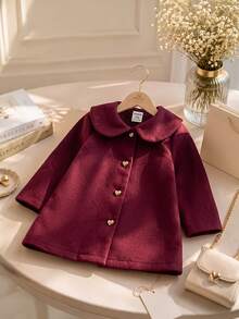 SHEIN Baby Girl Red Autumn/Winter Cute Versatile Peter Pan Collar Overcoat - Burgundy - View 8