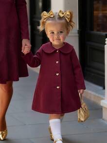 SHEIN Baby Girl Red Autumn/Winter Cute Versatile Peter Pan Collar Overcoat - Burgundy - View 7