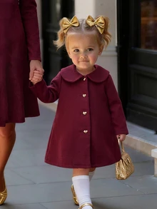 SHEIN Baby Girl Red Autumn/Winter Cute Versatile Peter Pan Collar Overcoat - Burgundy - View 10