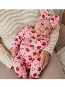SHEIN Newborn Baby Girl Casual Comfortable Cute Strawberry Pattern Knit Long Sleeve Pajama Set - Pink - View 1