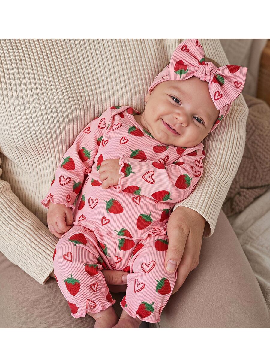 SHEIN Newborn Baby Girl Casual Comfortable Cute Strawberry Pattern Knit Long Sleeve Pajama Set - Pink - View 1
