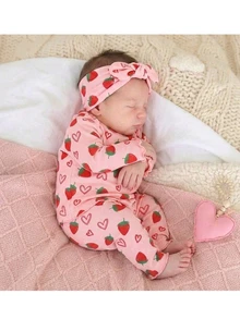 SHEIN Newborn Baby Girl Casual Comfortable Cute Strawberry Pattern Knit Long Sleeve Pajama Set - Pink - View 2