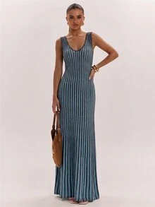 SHEIN BAE French Vacation Style Colorblock Striped Knit Dress,Concert Outfit For Women - Blue - View 11
