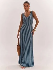 SHEIN BAE French Vacation Style Colorblock Striped Knit Dress,Concert Outfit For Women - Blue - View 4