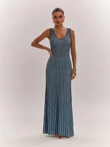 SHEIN BAE French Vacation Style Colorblock Striped Knit Dress,Concert Outfit For Women - Blue - View 10