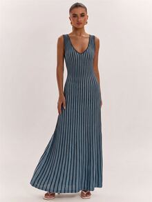 SHEIN BAE French Vacation Style Colorblock Striped Knit Dress,Concert Outfit For Women - Blue - View 7