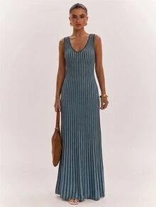 SHEIN BAE French Vacation Style Colorblock Striped Knit Dress,Concert Outfit For Women - Blue - View 3